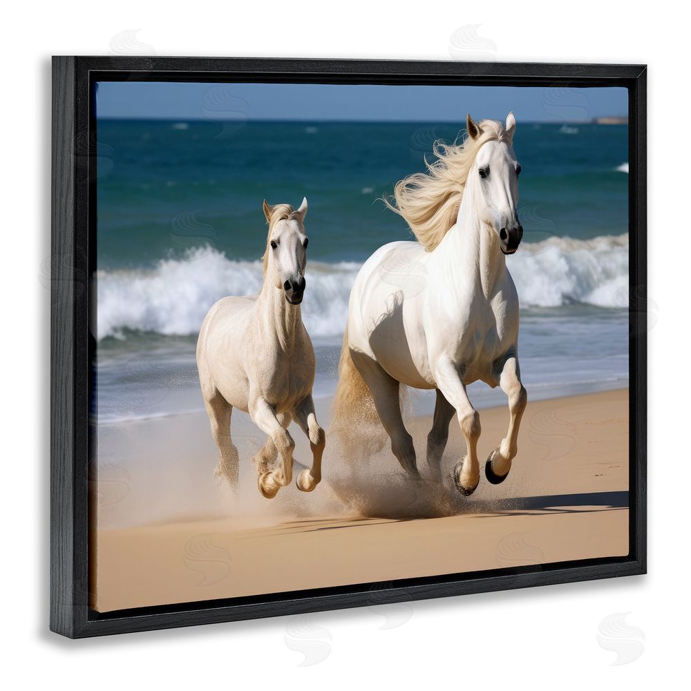 Ray Powers Trotting Horses on Beach Black Floating Frame Canvas Wall Art Print