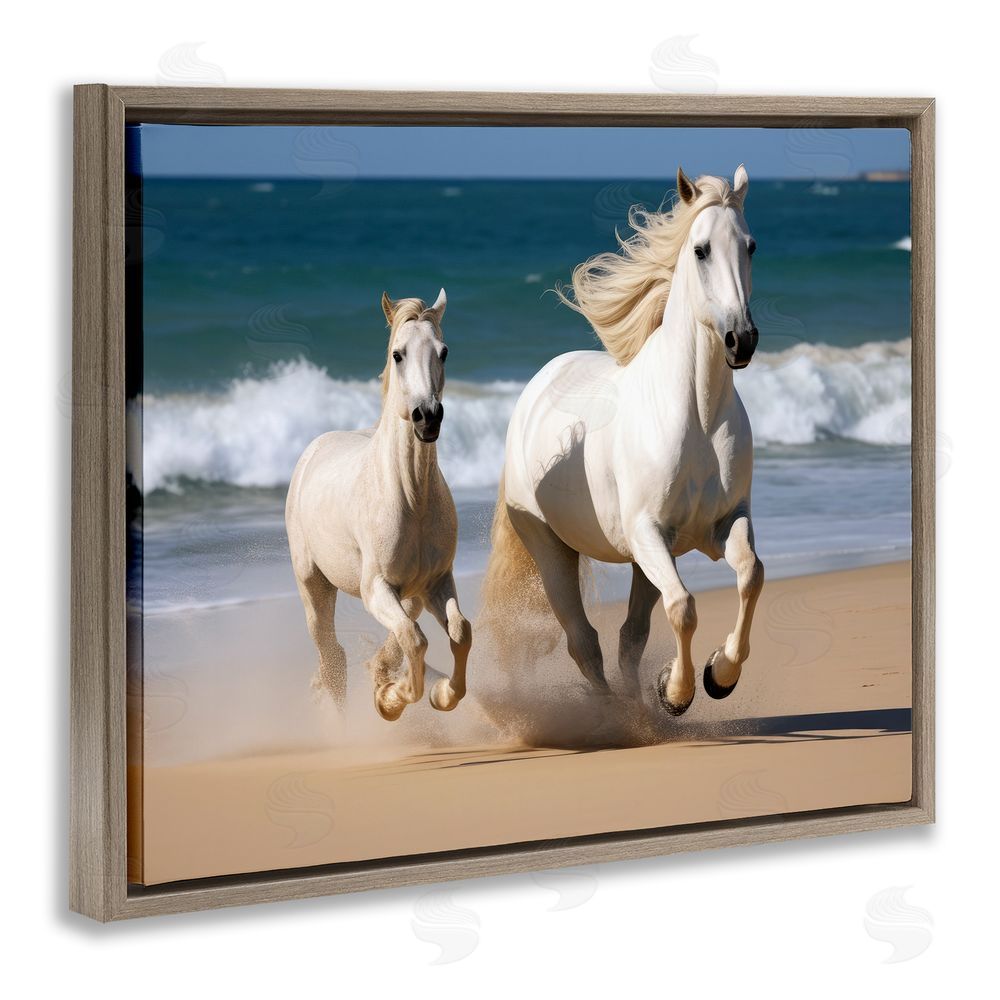 Ray Powers Trotting Horses on Beach Brown Floating Frame Canvas Wall Art Print