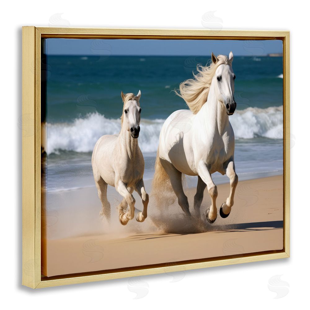 Ray Powers Trotting Horses on Beach Gold Floating Frame Canvas Wall Art Print