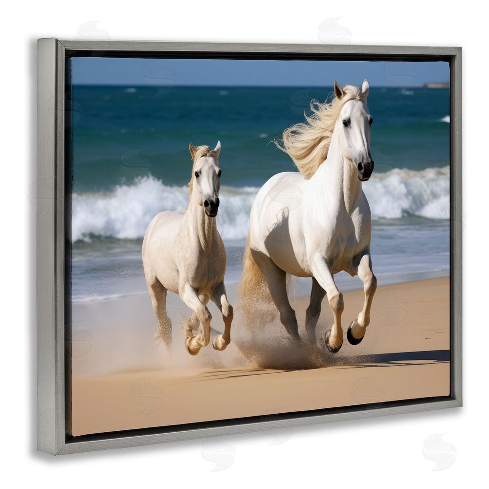 Ray Powers Trotting Horses on Beach Grey Floating Frame Canvas Wall Art Print