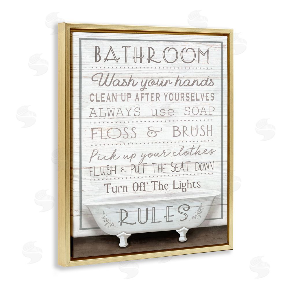 Elizabeth Tyndall Rustic Bathroom Rules Tub Gold Floating Frame Canvas Wall Art Print