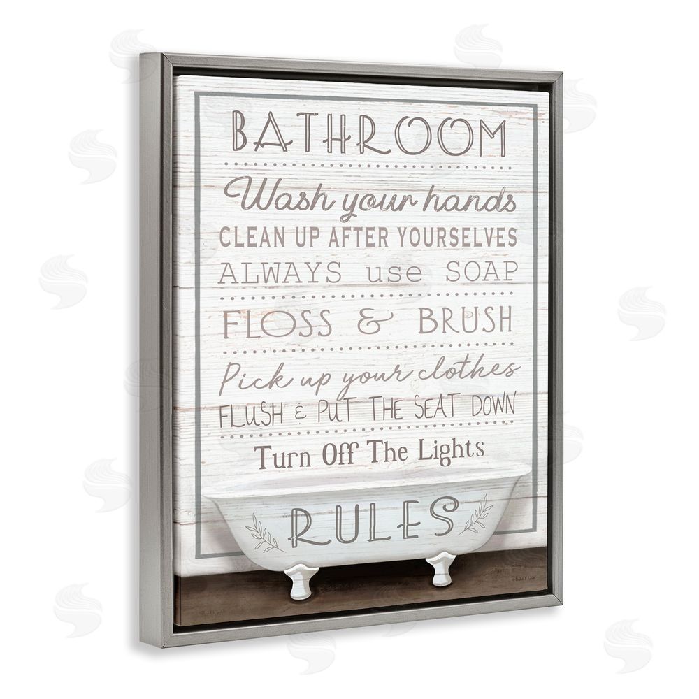Elizabeth Tyndall Rustic Bathroom Rules Tub Grey Floating Frame Canvas Wall Art Print