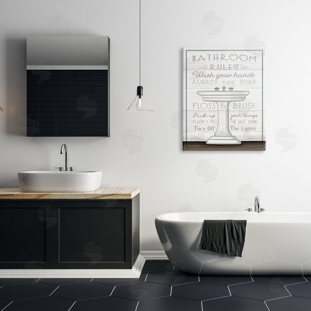 Elizabeth Tyndall Rustic Bathroom Rules Sink Canvas Wall Art Print in Room