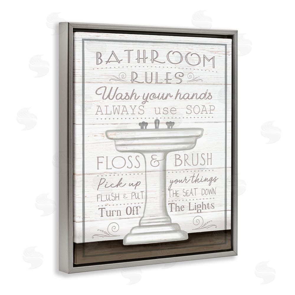 Elizabeth Tyndall Rustic Bathroom Rules Sink Grey Floating Frame Canvas Wall Art Print