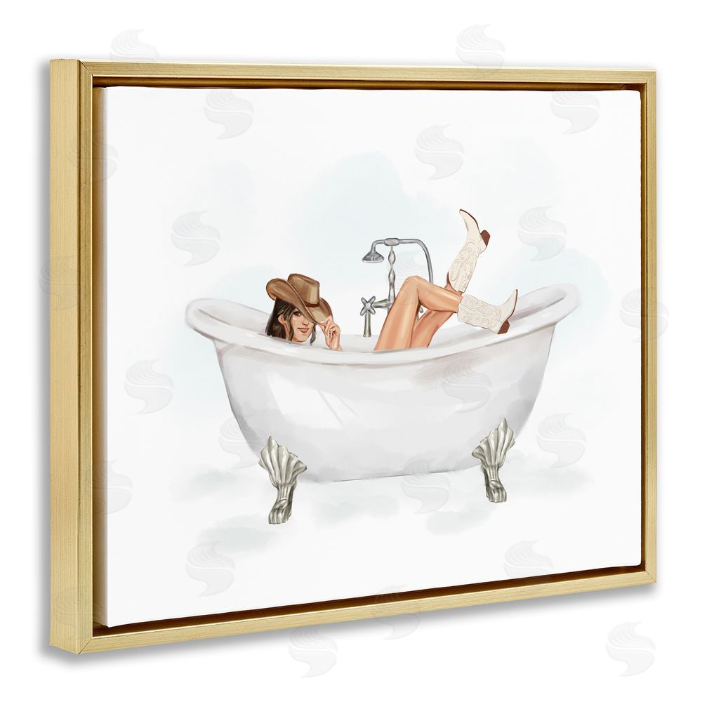 Ziwei Li Cowgirl in Bathtub Gold Floating Frame Canvas Wall Art Print