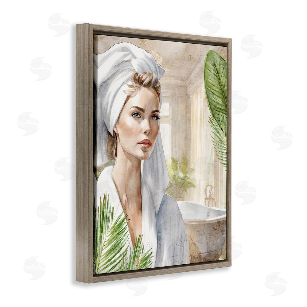 Kim Allen Fashionista Bathroom Portrait Brown Floating Frame Canvas Wall Art Print