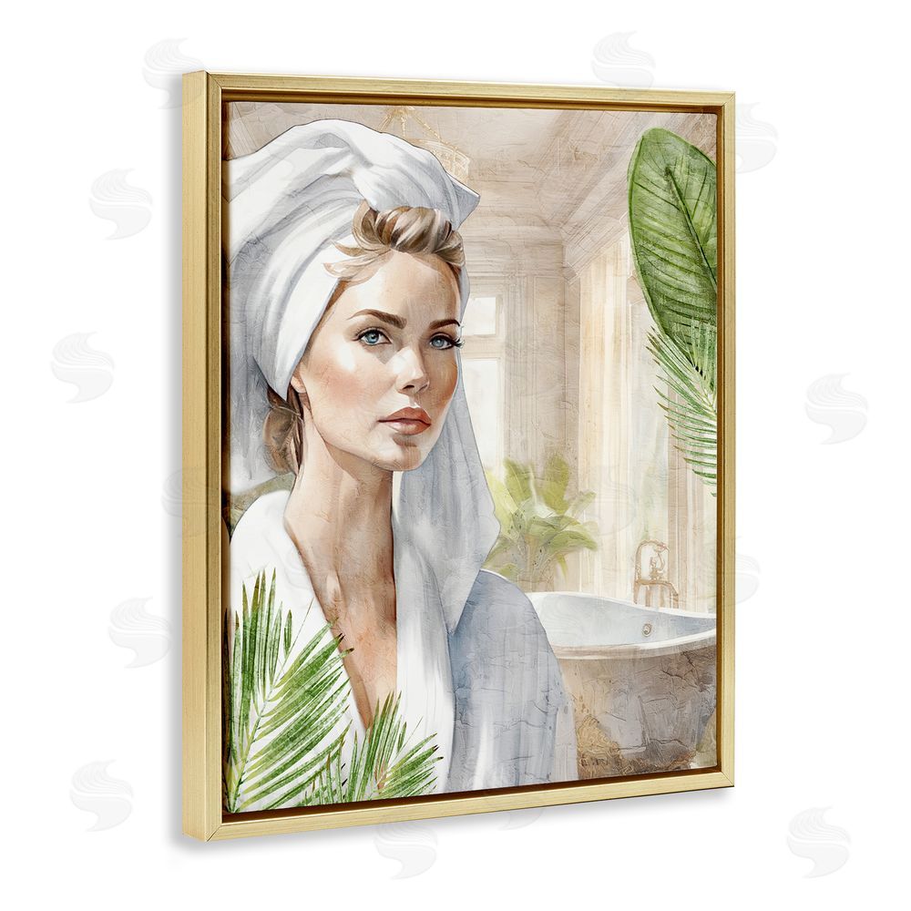 Kim Allen Fashionista Bathroom Portrait Gold Floating Frame Canvas Wall Art Print