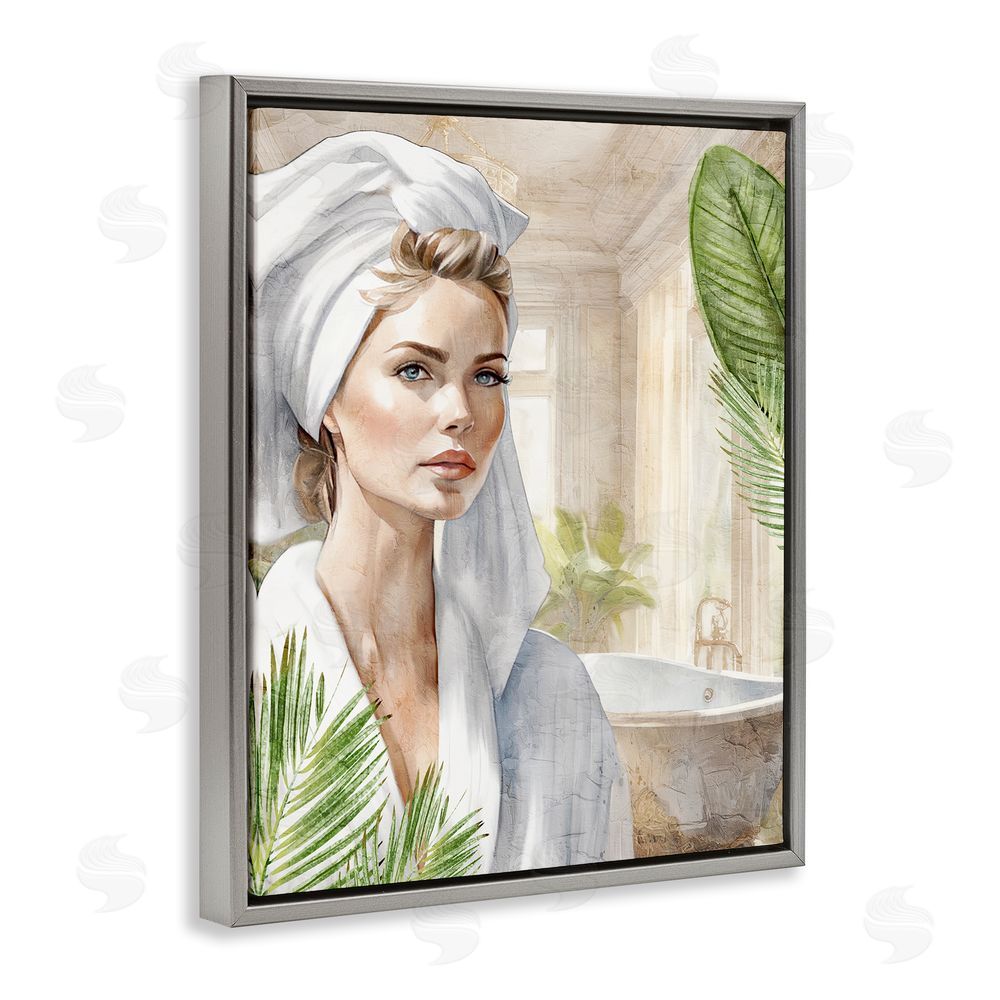 Kim Allen Fashionista Bathroom Portrait Grey Floating Frame Canvas Wall Art Print
