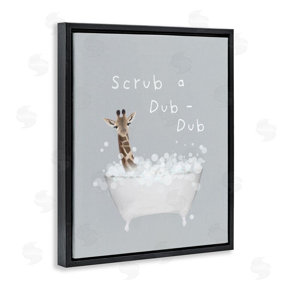 Leah Straatsma Scrub-a-Dub Giraffe Tub Black Floating Frame Canvas Wall Art Print