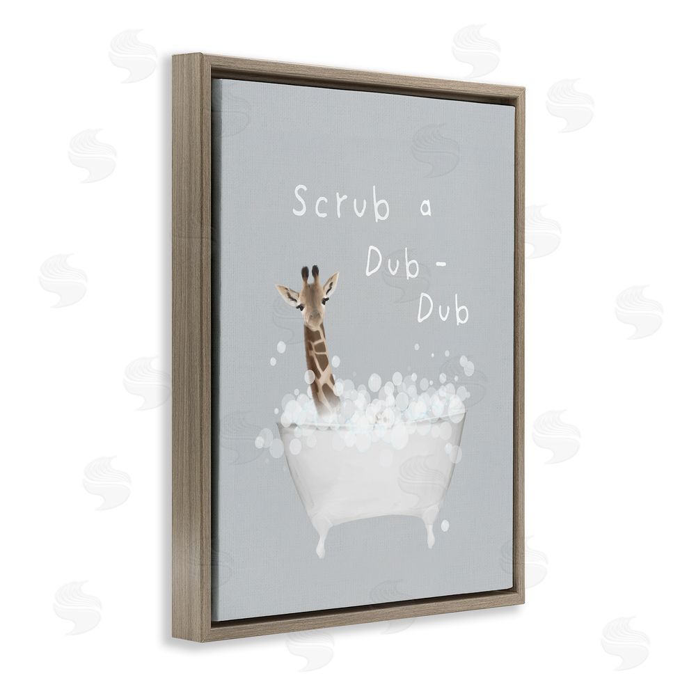 Leah Straatsma Scrub-a-Dub Giraffe Tub Brown Floating Frame Canvas Wall Art Print