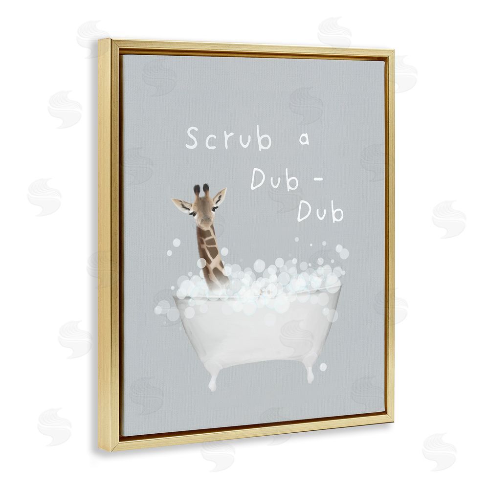 Leah Straatsma Scrub-a-Dub Giraffe Tub Gold Floating Frame Canvas Wall Art Print