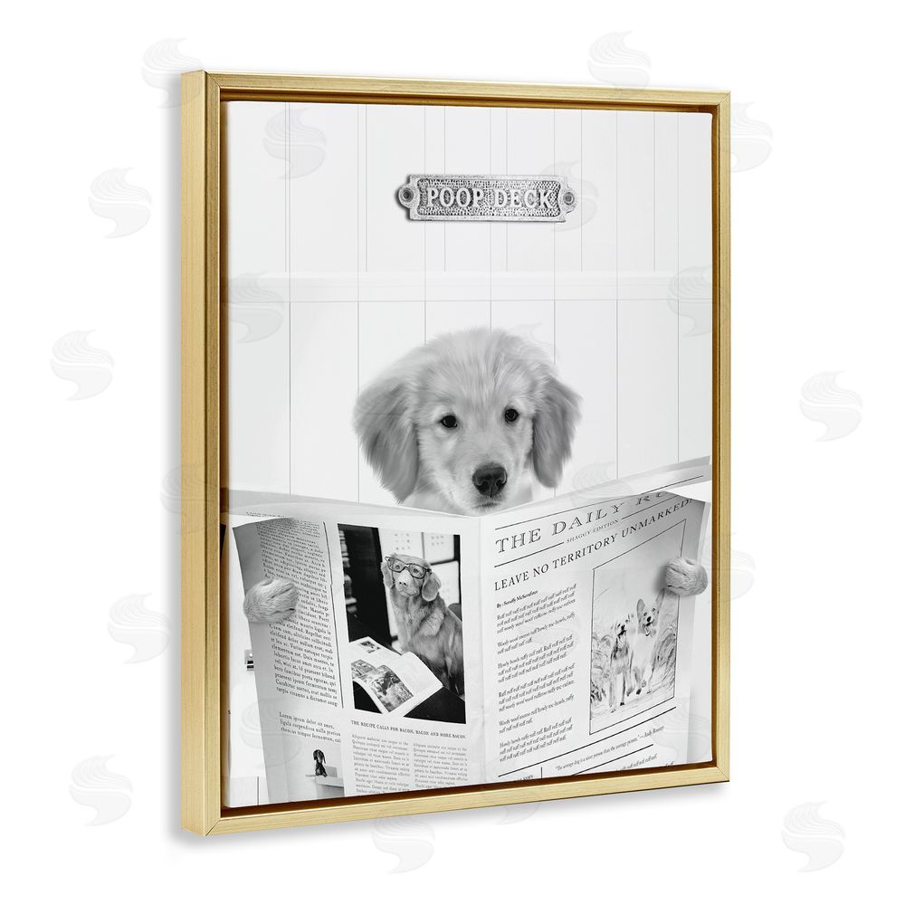 Leah Straatsma Poop Deck Bathroom Dog Gold Floating Frame Canvas Wall Art Print