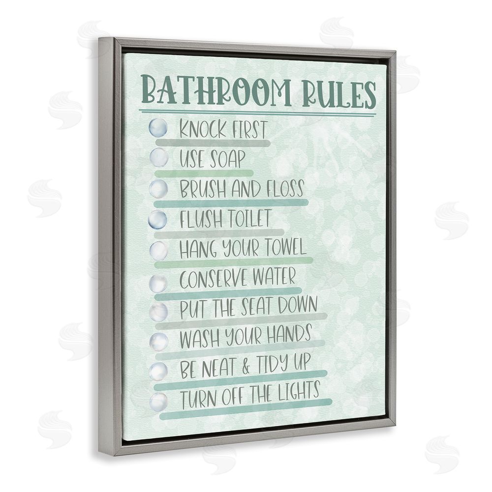 Matthew Piotrowicz Bathroom Rules on Green Grey Floating Frame Canvas Wall Art Print