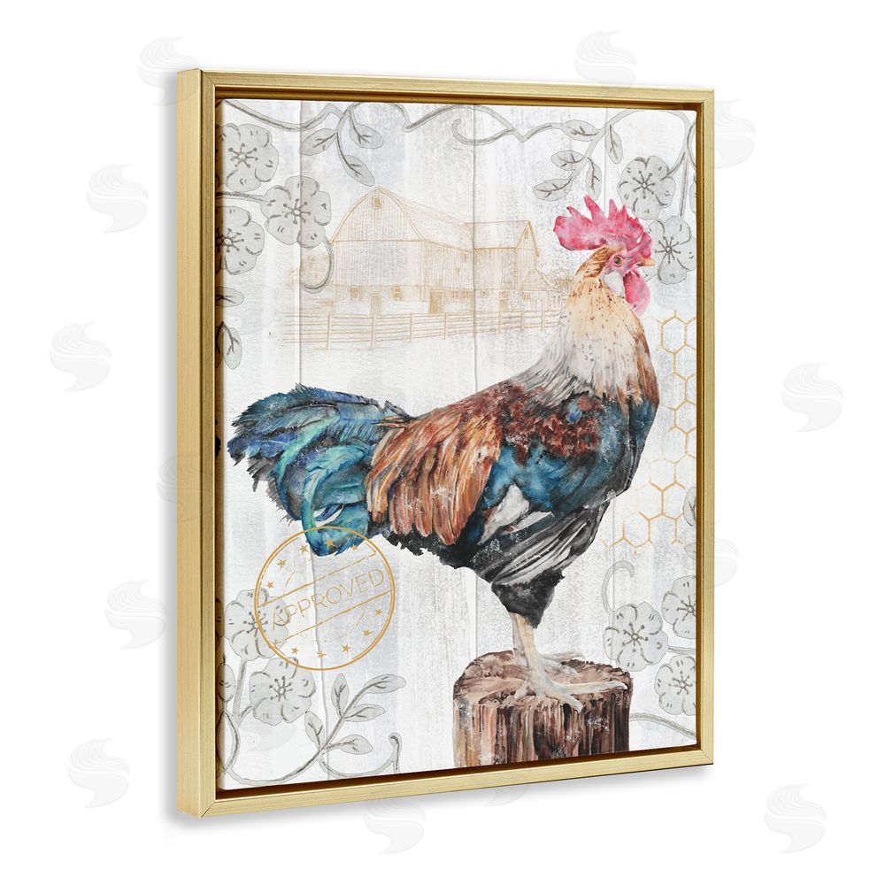 Studio 731 rep. Levison Designs Rooster with Vintage Pattern Gold Floating Frame Canvas Wall Art Print