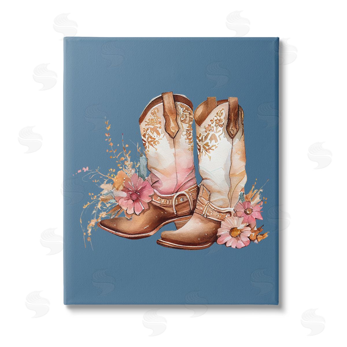 Birch & Ink Floral Cowgirl Boots on Blue Stretched Canvas Wall Art Print