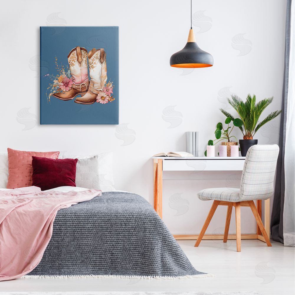 Birch & Ink Floral Cowgirl Boots on Blue Canvas Wall Art Print in Room