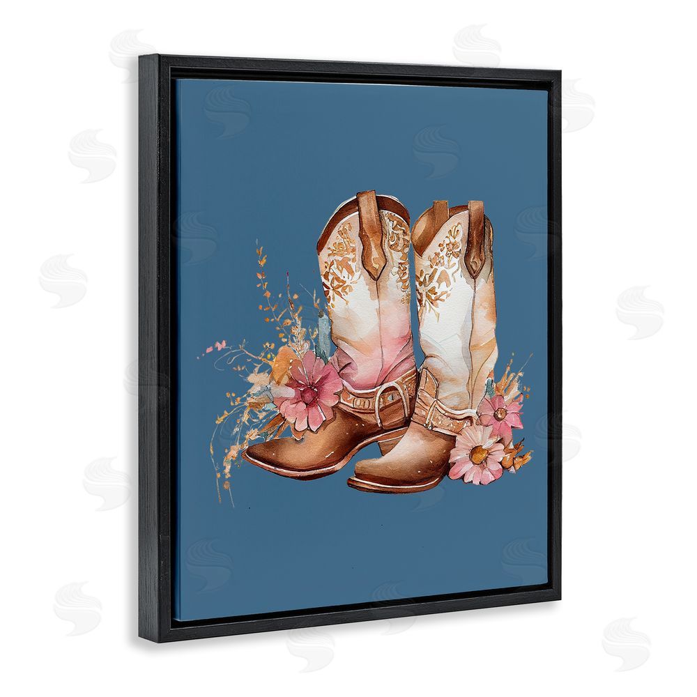 Birch & Ink Floral Cowgirl Boots on Blue Black Floating Frame Canvas Wall Art Print