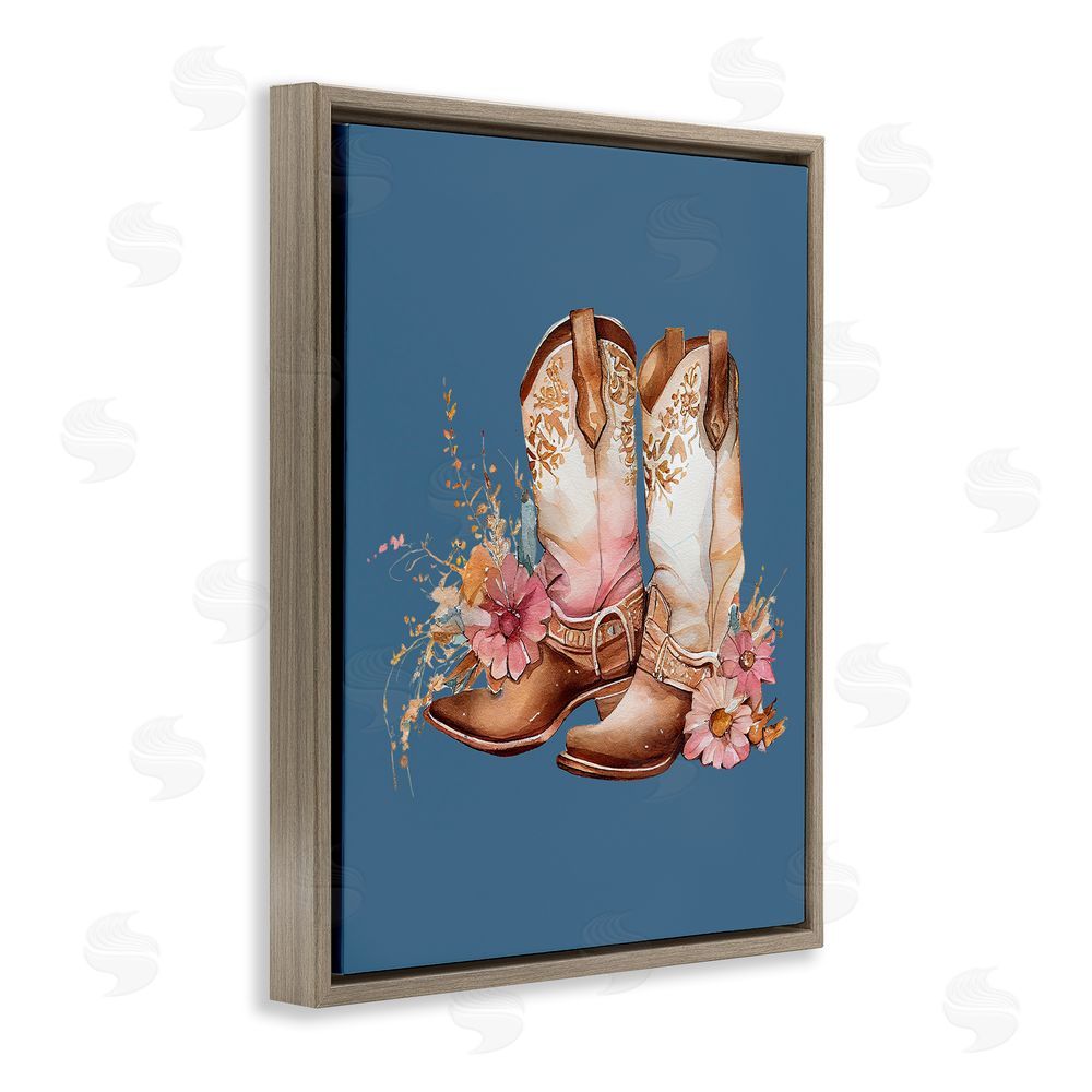Birch & Ink Floral Cowgirl Boots on Blue Brown Floating Frame Canvas Wall Art Print