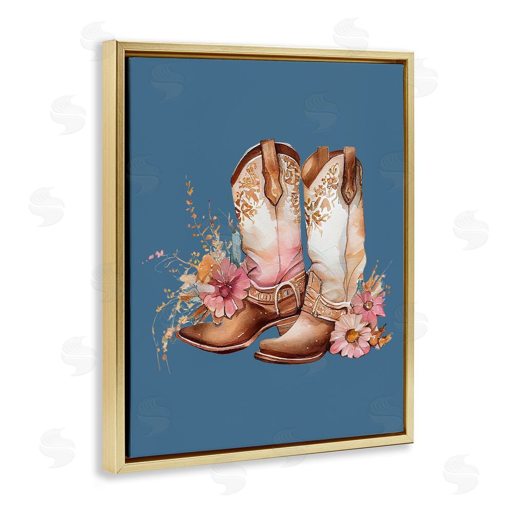 Birch & Ink Floral Cowgirl Boots on Blue Gold Floating Frame Canvas Wall Art Print