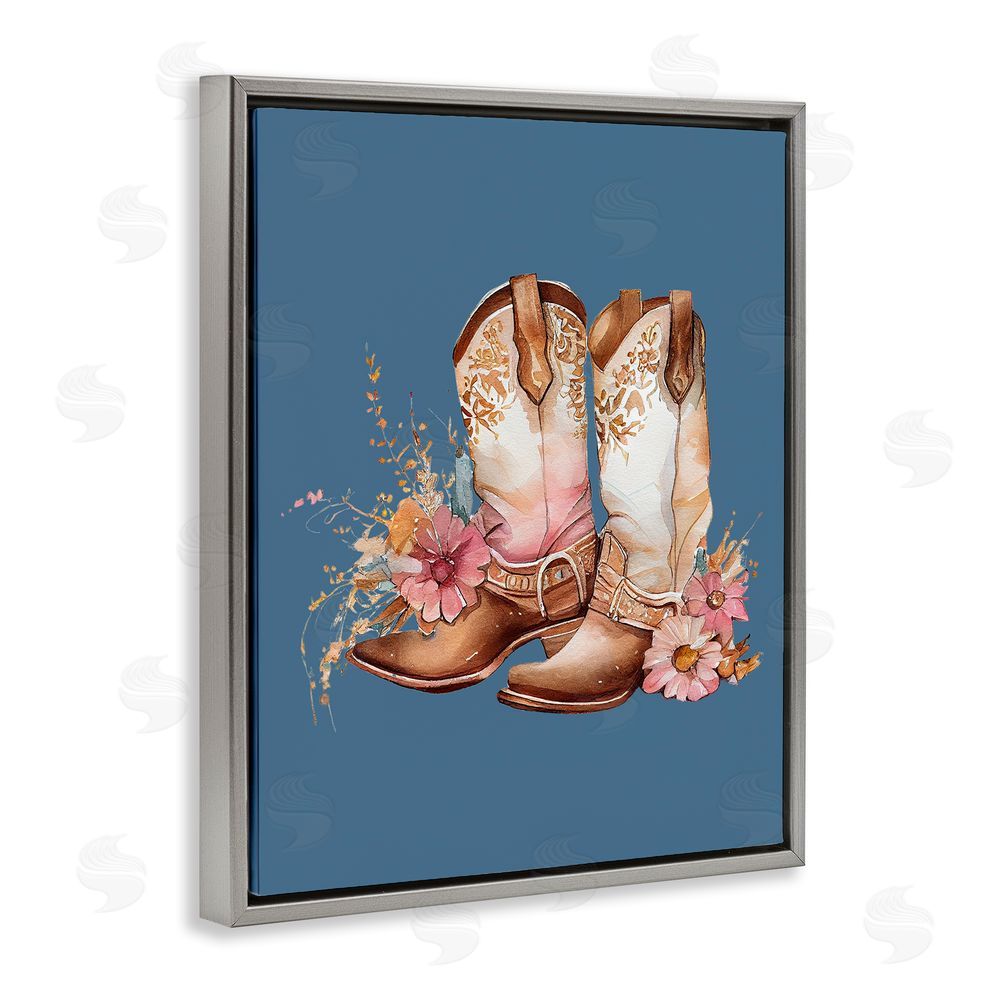 Birch & Ink Floral Cowgirl Boots on Blue Grey Floating Frame Canvas Wall Art Print
