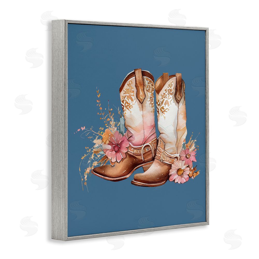 Birch & Ink Floral Cowgirl Boots on Blue Gray Framed Giclee Wall Art Print
