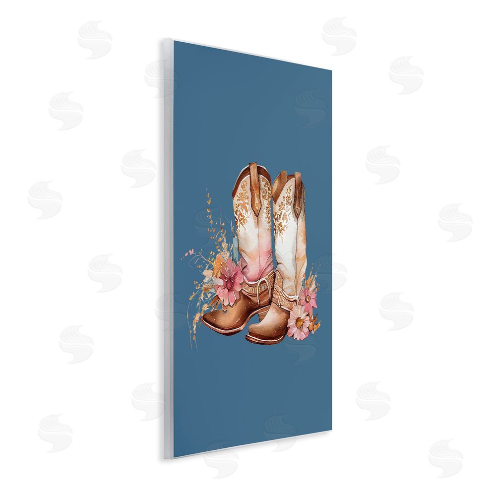 Birch & Ink Floral Cowgirl Boots on Blue Wall Plaque Art Print