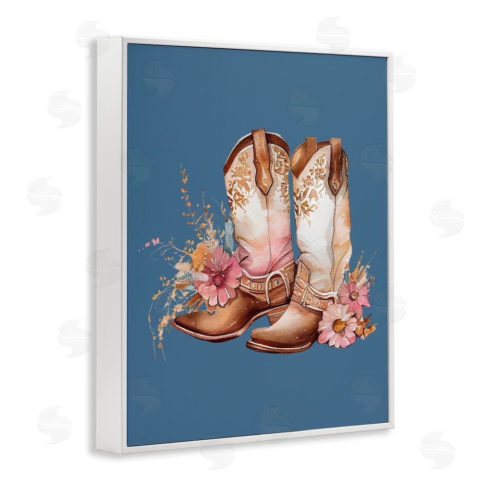 Birch & Ink Floral Cowgirl Boots on Blue White Framed Giclee Wall Art Print