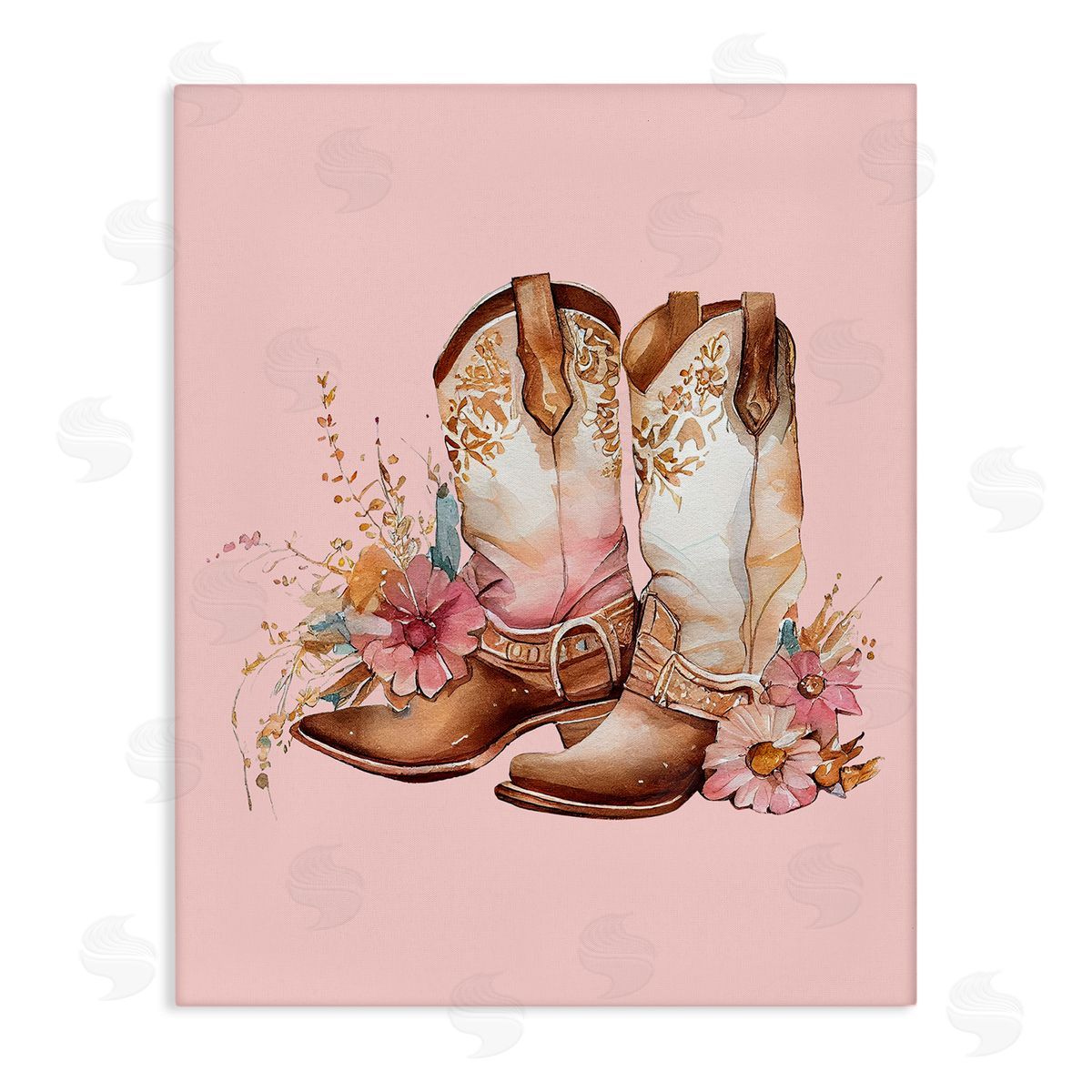 Birch & Ink Floral Pink Cowgirl Boots Stretched Canvas Wall Art Print