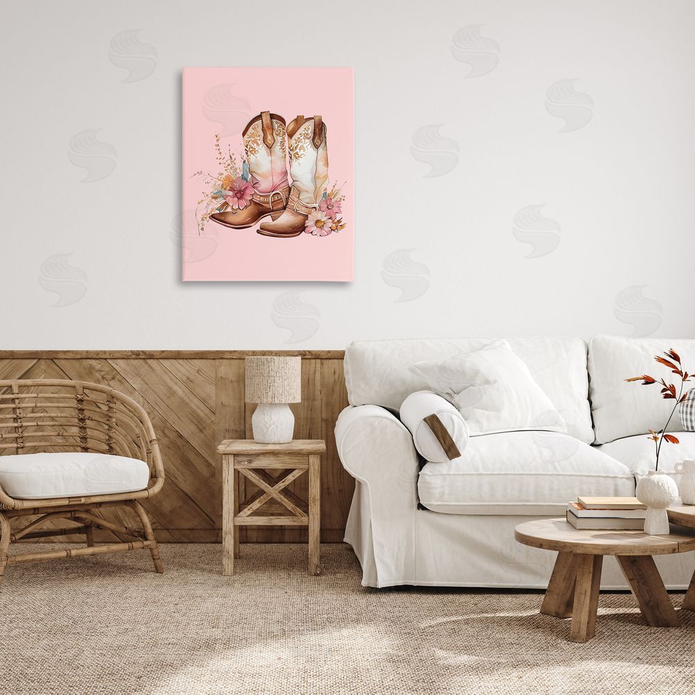 Birch & Ink Floral Pink Cowgirl Boots Canvas Wall Art Print in Room