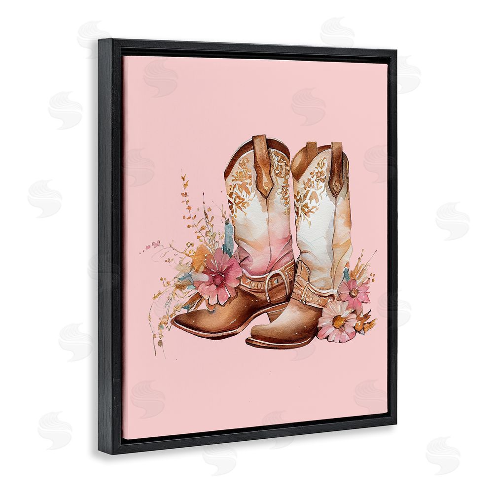 Birch & Ink Floral Pink Cowgirl Boots Black Floating Frame Canvas Wall Art Print