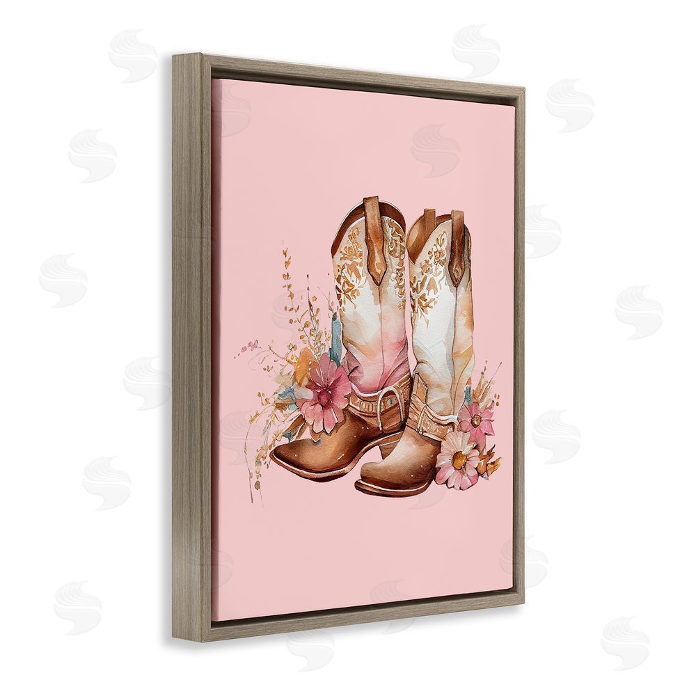 Birch & Ink Floral Pink Cowgirl Boots Brown Floating Frame Canvas Wall Art Print