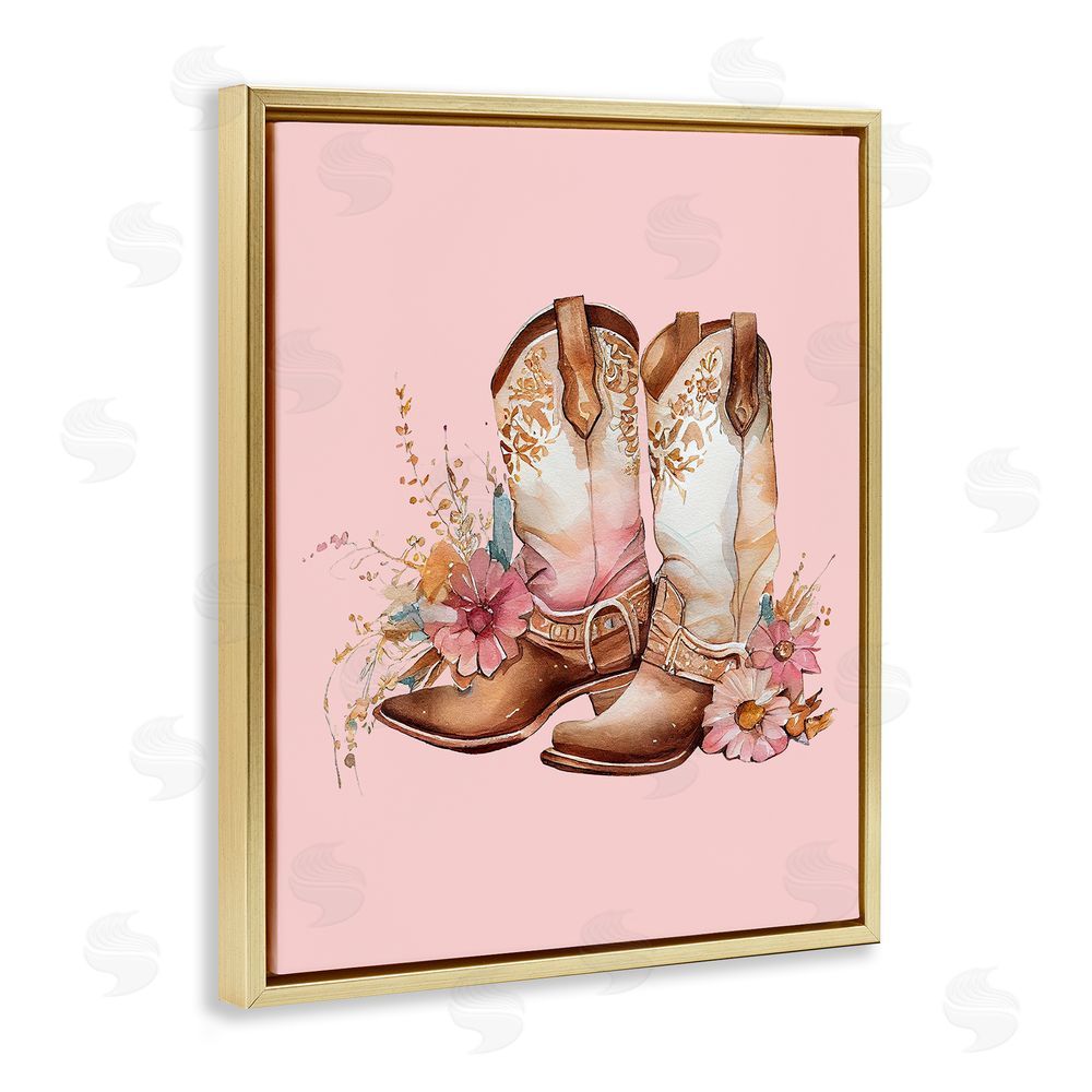 Birch & Ink Floral Pink Cowgirl Boots Gold Floating Frame Canvas Wall Art Print