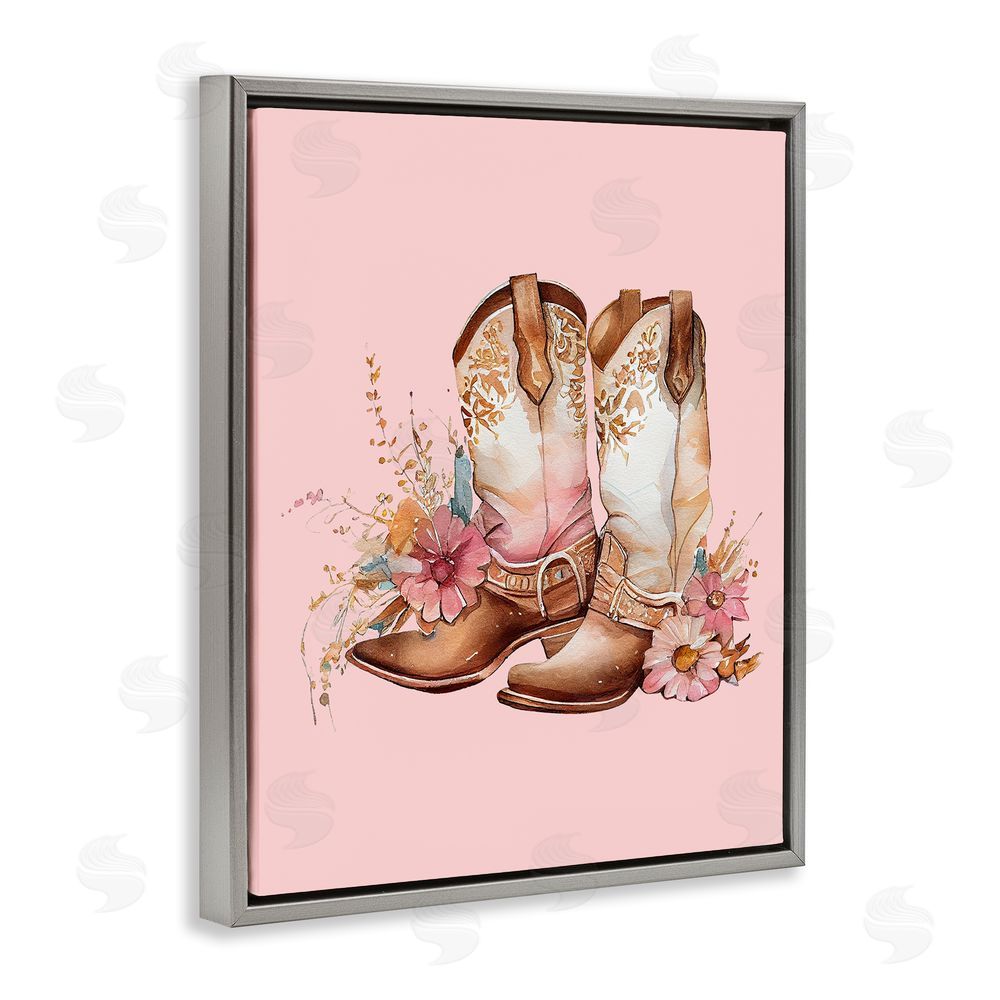 Birch & Ink Floral Pink Cowgirl Boots Grey Floating Frame Canvas Wall Art Print