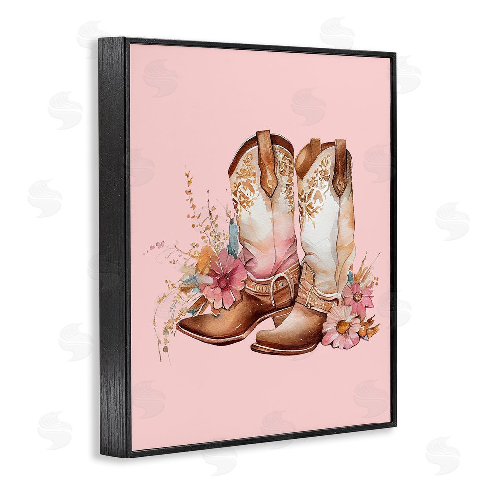 Birch & Ink Floral Pink Cowgirl Boots Black Framed Giclee Wall Art Print