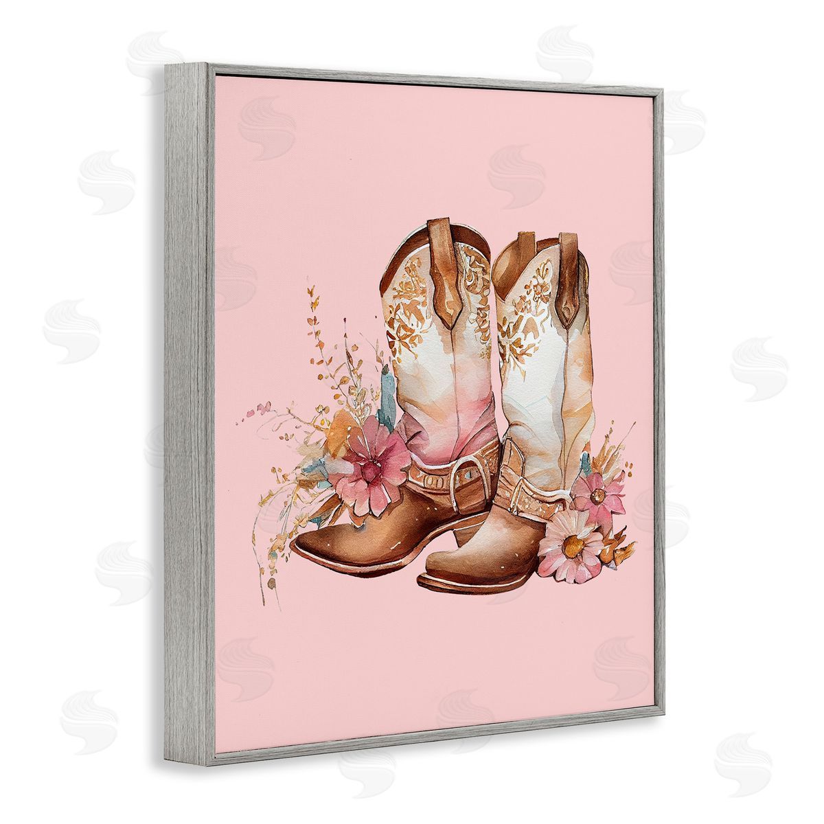 Floral Pink Cowgirl Boots Grey Frame Print Wall Art, Home Decor by Birch&Ink