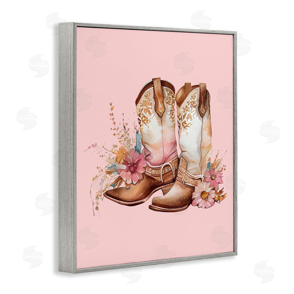 Birch & Ink Floral Pink Cowgirl Boots Gray Framed Giclee Wall Art Print