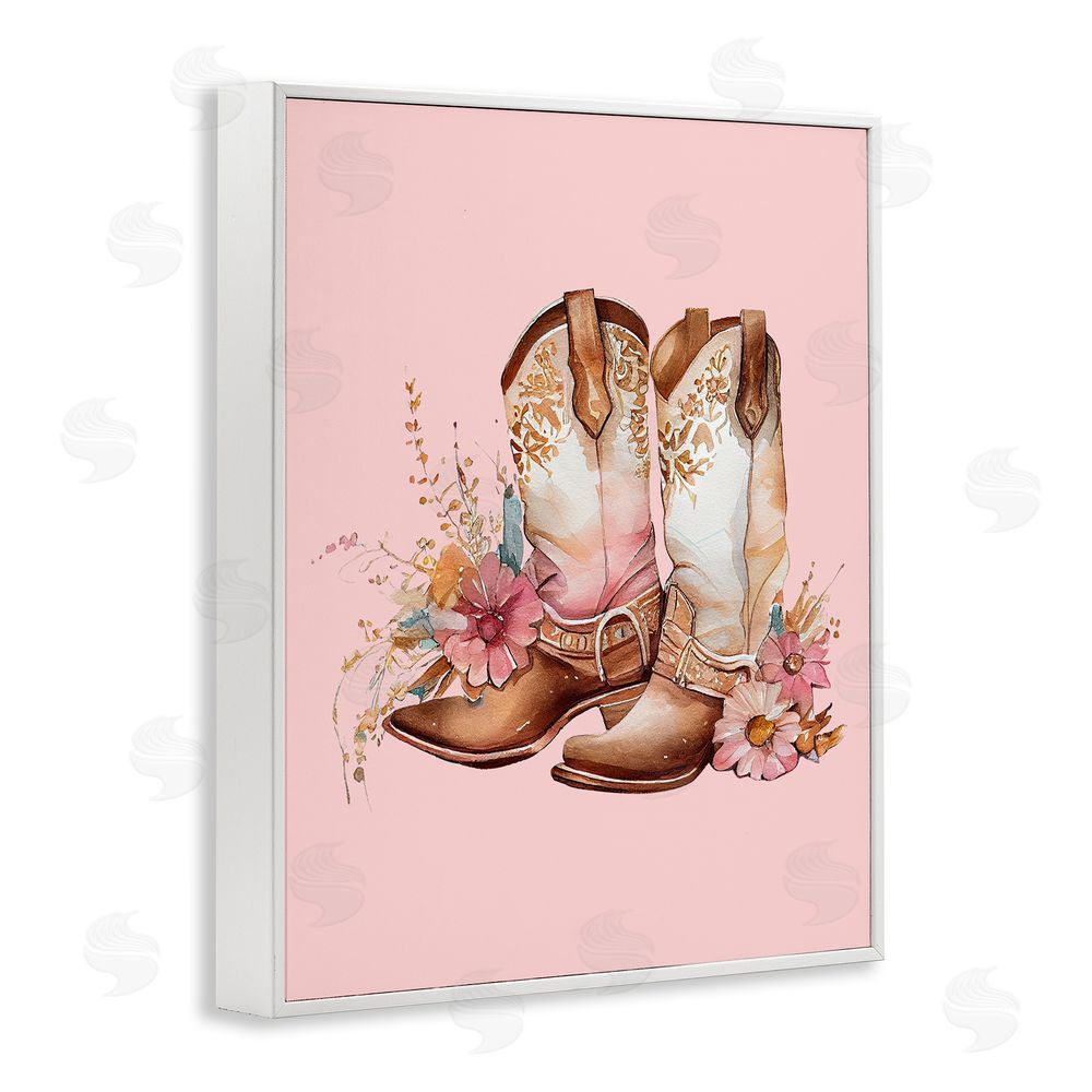 Birch & Ink Floral Pink Cowgirl Boots White Framed Giclee Wall Art Print
