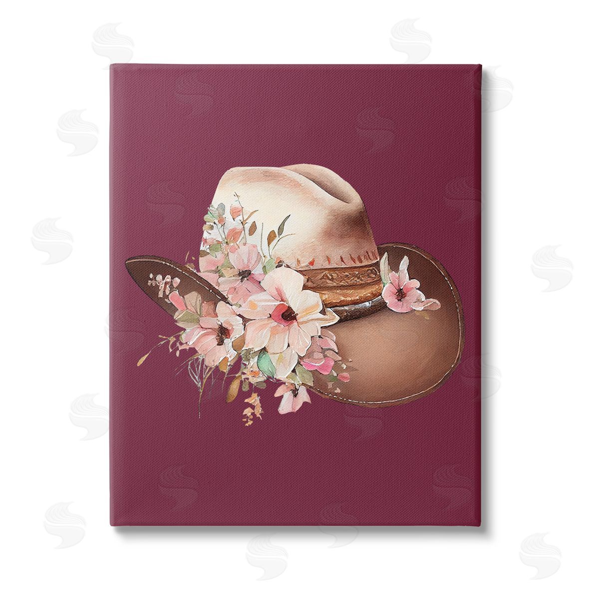Birch & Ink Cowgirl Hat on Burgundy Stretched Canvas Wall Art Print