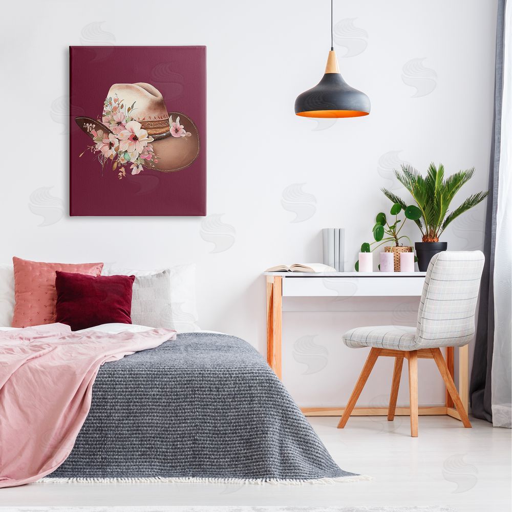 Birch & Ink Cowgirl Hat on Burgundy Canvas Wall Art Print in Room