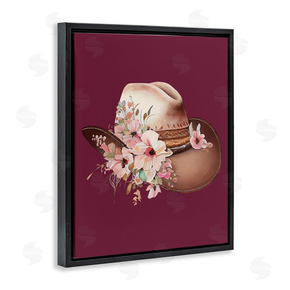 Birch & Ink Cowgirl Hat on Burgundy Black Floating Frame Canvas Wall Art Print