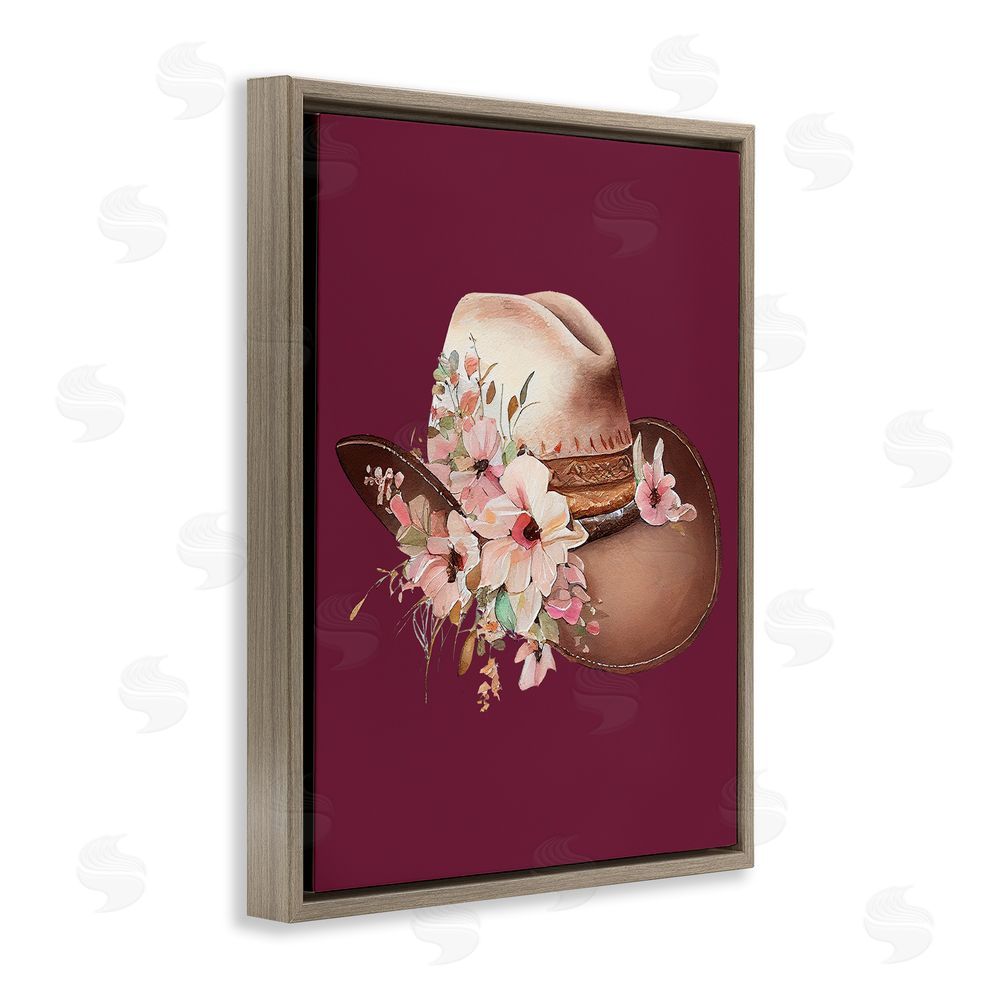 Birch & Ink Cowgirl Hat on Burgundy Brown Floating Frame Canvas Wall Art Print