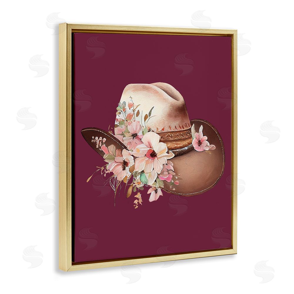 Birch & Ink Cowgirl Hat on Burgundy Gold Floating Frame Canvas Wall Art Print