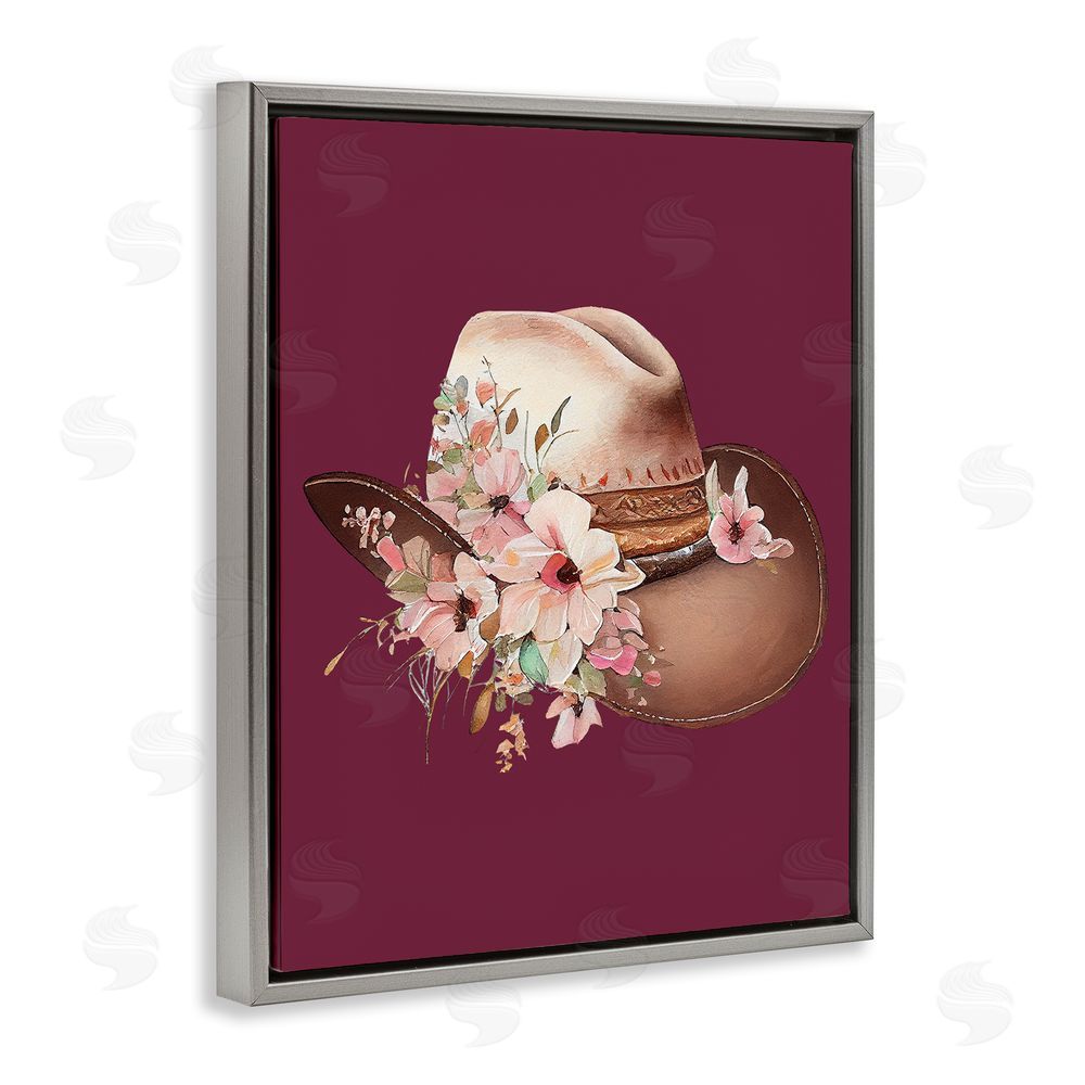 Birch & Ink Cowgirl Hat on Burgundy Grey Floating Frame Canvas Wall Art Print