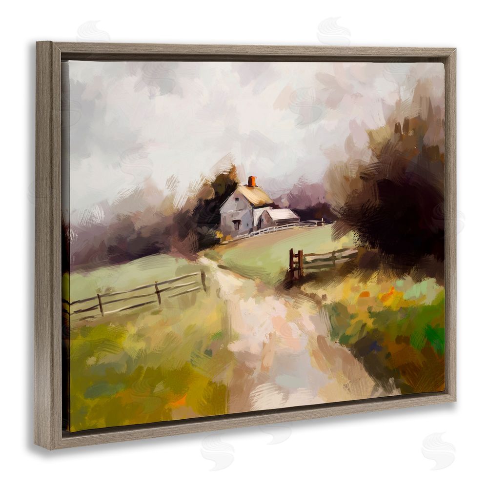 Ziwei Li Country Barn with Fence Brown Floating Frame Canvas Wall Art Print