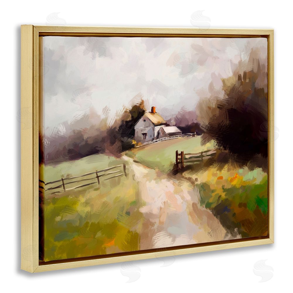 Ziwei Li Country Barn with Fence Gold Floating Frame Canvas Wall Art Print