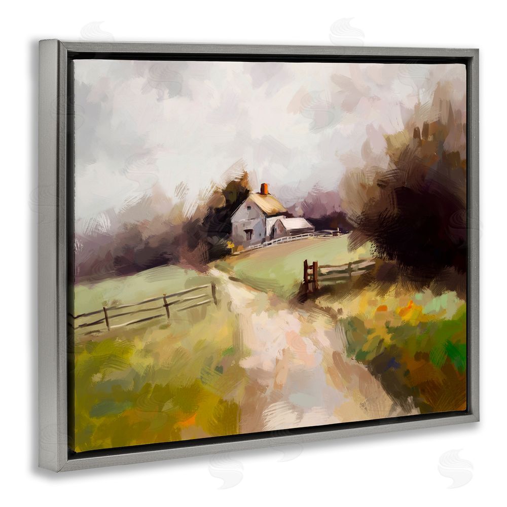 Ziwei Li Country Barn with Fence Grey Floating Frame Canvas Wall Art Print