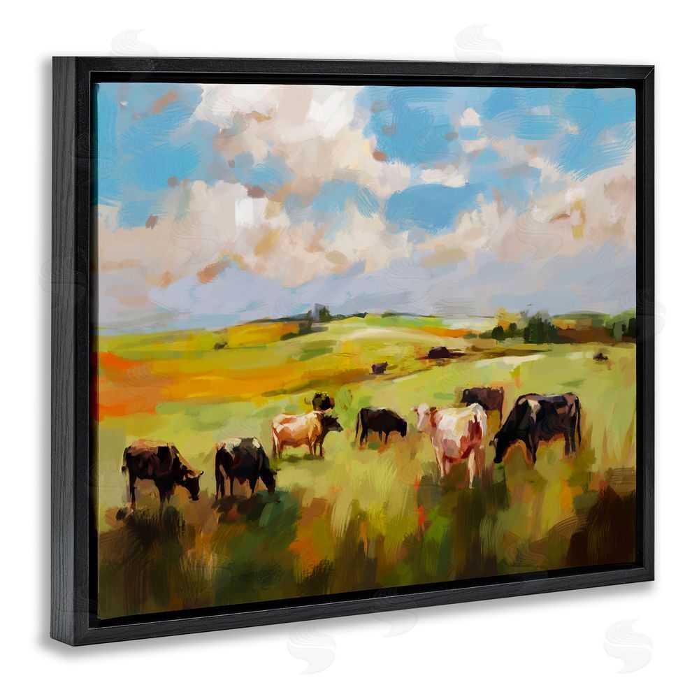 Ziwei Li Cows Grazing Painting Black Floating Frame Canvas Wall Art Print