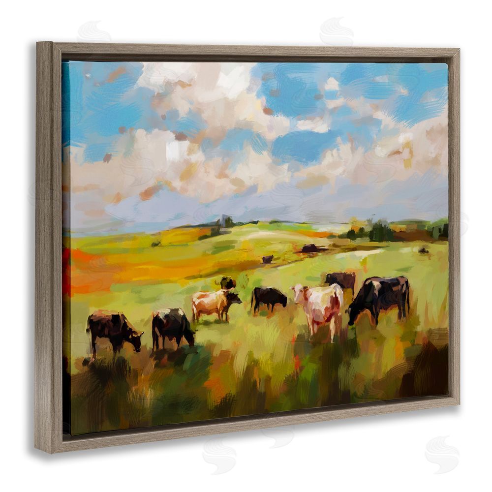 Ziwei Li Cows Grazing Painting Brown Floating Frame Canvas Wall Art Print