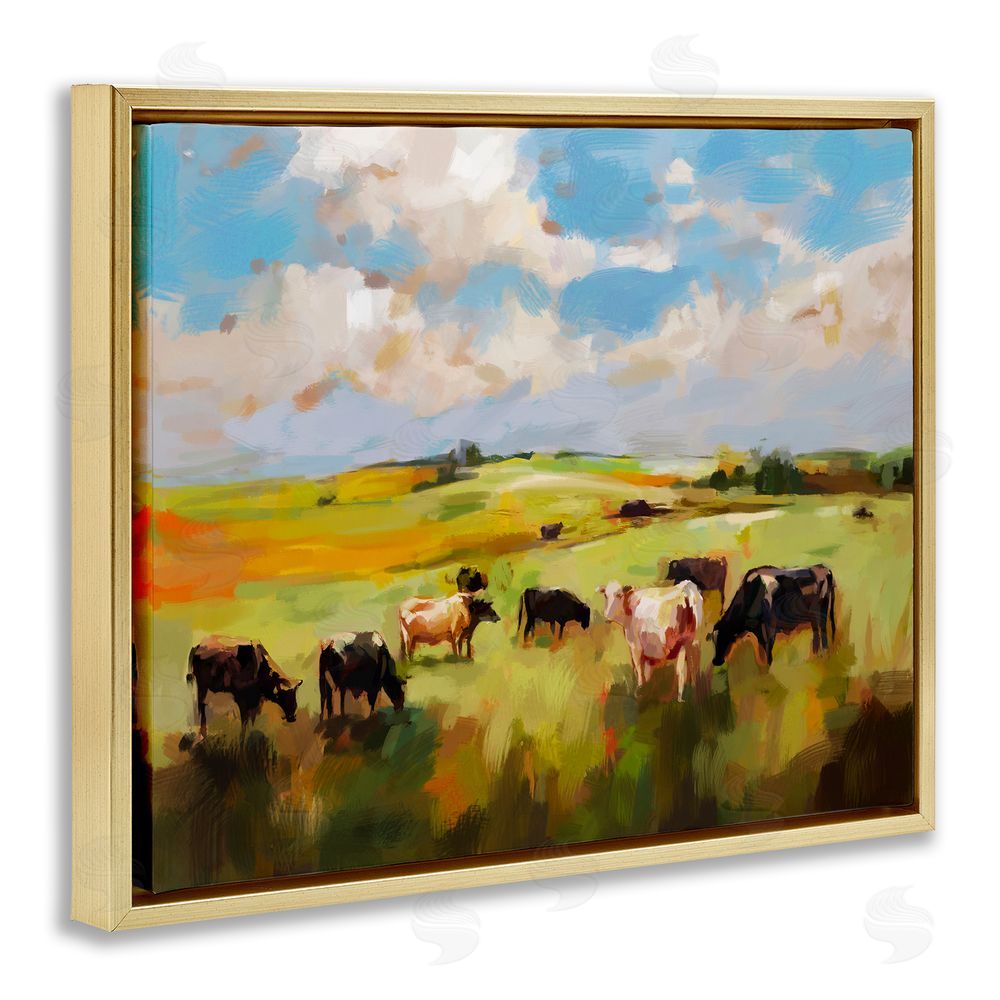 Ziwei Li Cows Grazing Painting Gold Floating Frame Canvas Wall Art Print