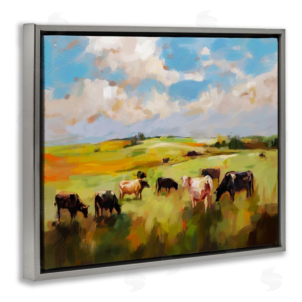 Ziwei Li Cows Grazing Painting Grey Floating Frame Canvas Wall Art Print